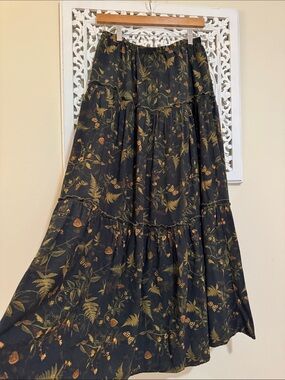 Black Maxi Skirt with Olive & Gold Botanical Print
